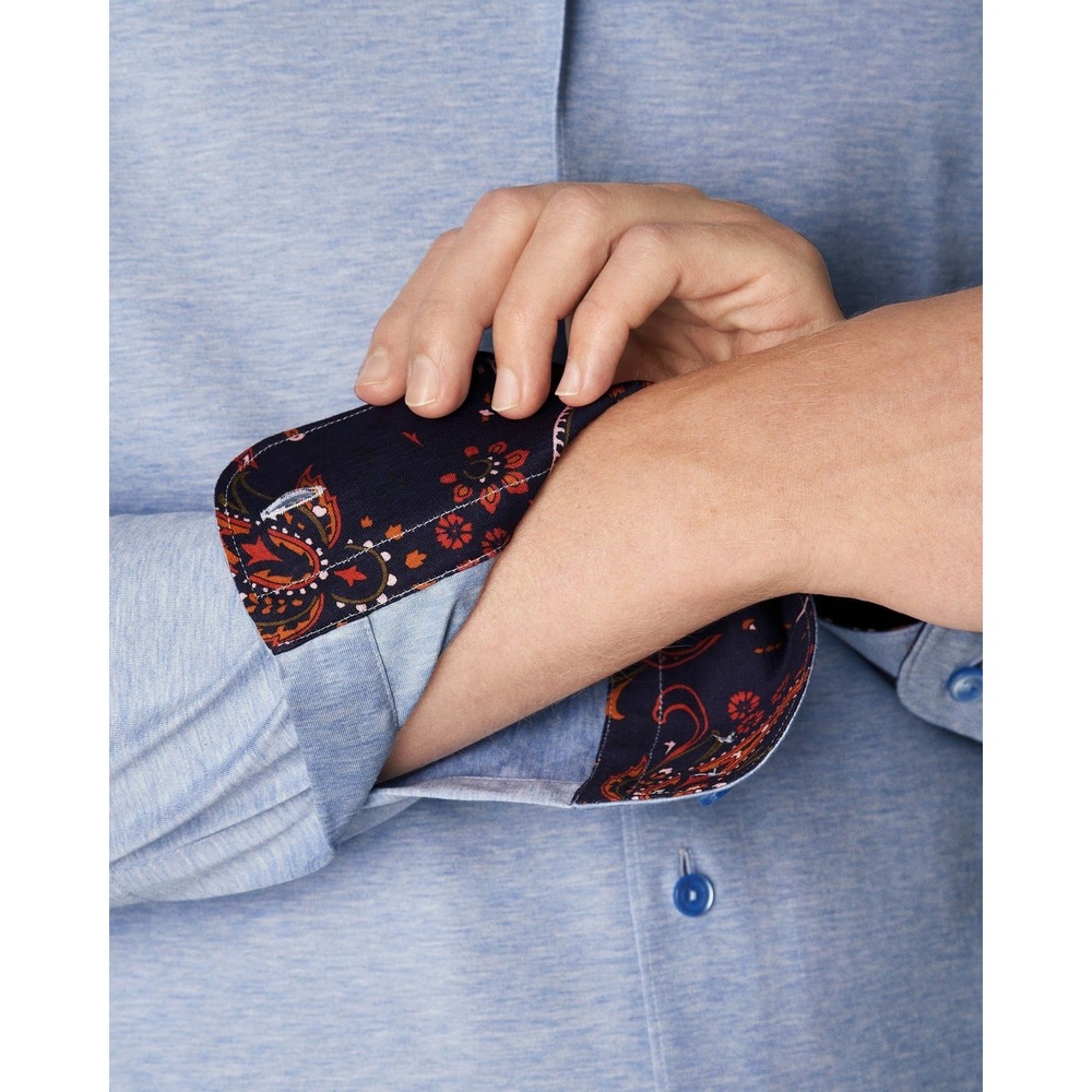 Eton Blue Stretch Jersey Shirt Contemporary Fit Men L Flip cuff Paisley Contrast - Picture 6 of 8